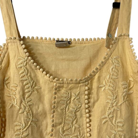 Magaschoni Linen Sundress Yellow Boho Embroidered Spaghetti Strap Cottagecore - Picture 3 of 9